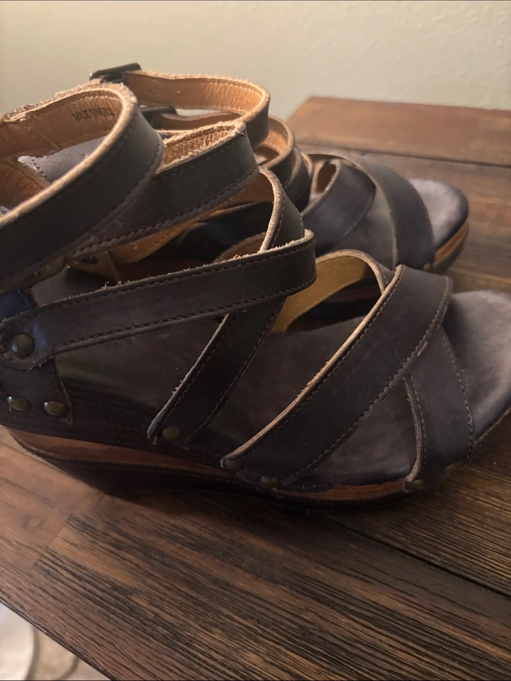 BED|STU Dark Navy Leather Strappy Wedge Sandals